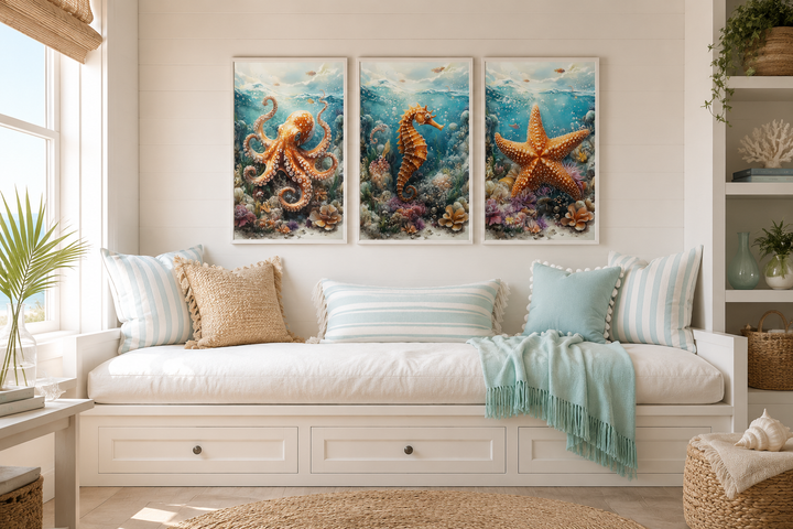 3 piece framed canvas wall art set featuring an octopus, seahorse, and starfish in a beach house.