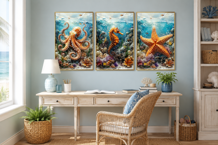3 piece framed canvas wall art featuring an octopus, seahorse, and starfish in a beach house office.