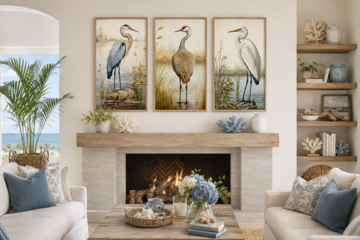 Set of 3 framed canvas prints featuring a Blue Heron, Sandhill Crane, and Great Egret over a mantel.
