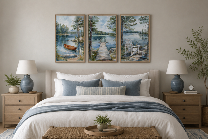 3 piece lake house wall art set featuring a fishing dock, old boat, and Adirondack chair.