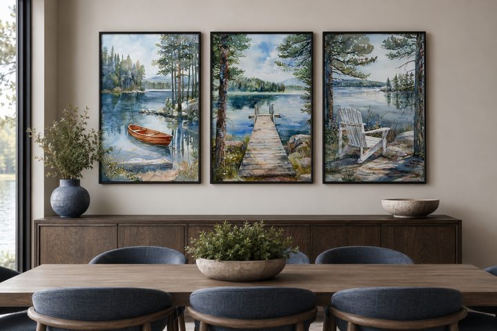 3 piece watercolor lake house wall art set featuring a boat, fishing dock, and Adirondack chair.