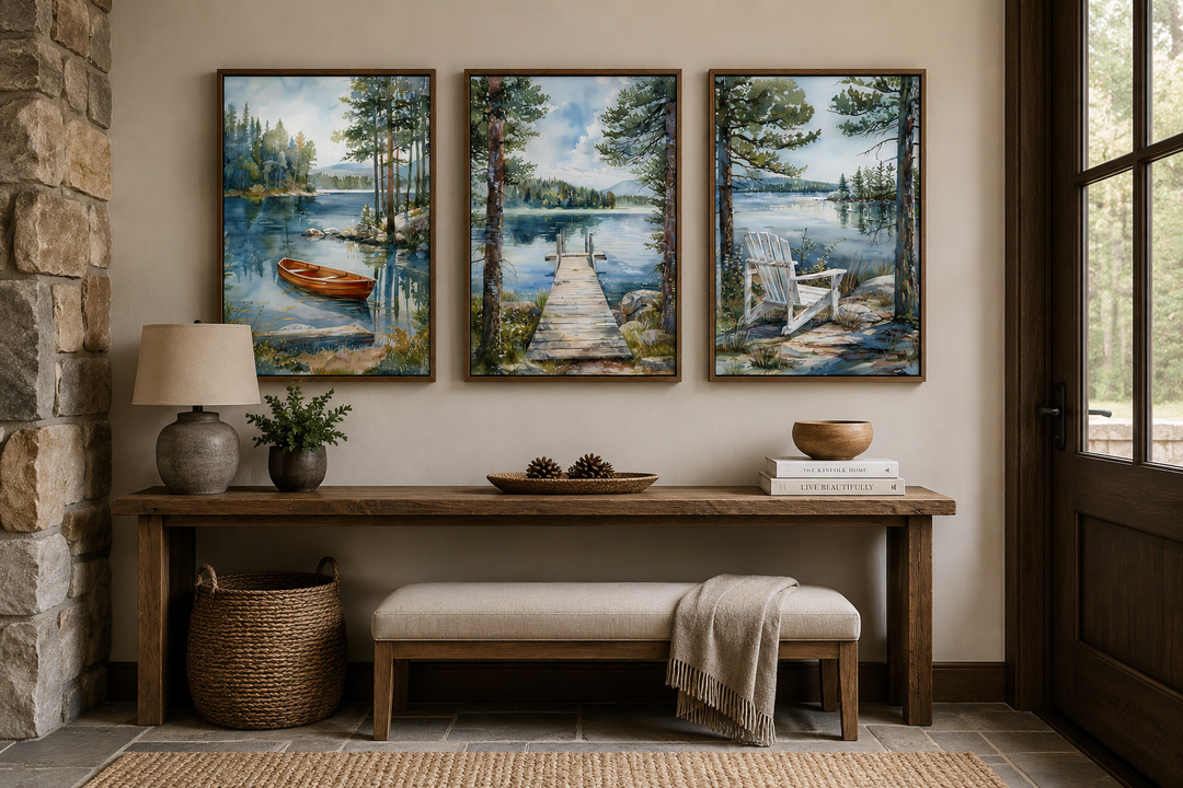 3 piece lake house wall art set featuring a fishing dock, old boat, and Adirondack chair.