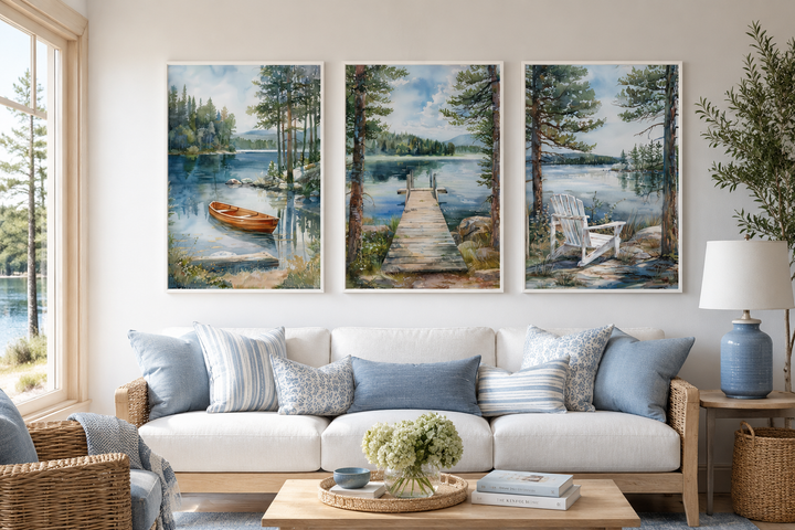 3 piece lake house wall art set featuring a fishing dock, old boat, and Adirondack chair.