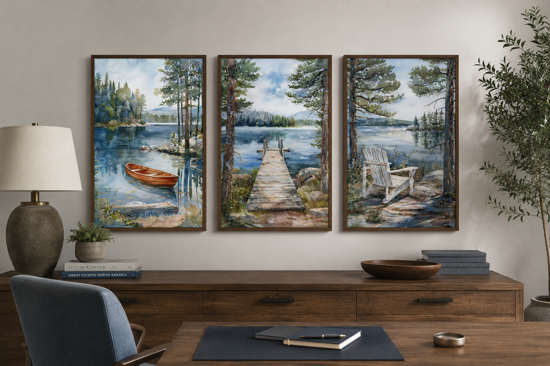 Three-piece watercolor lake house wall art set with a boat, fishing dock, and Adirondack chair.