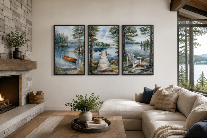 3 piece lake house wall art set featuring a fishing dock, old boat, and Adirondack chair.
