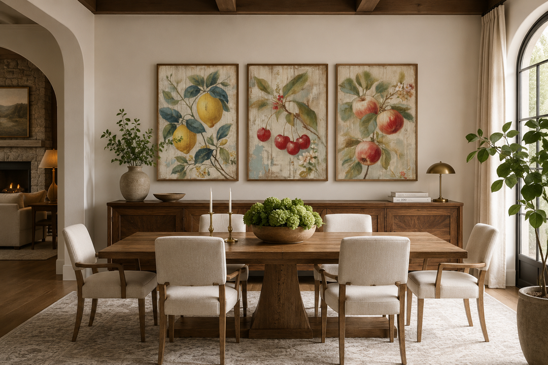 Set of three rustic botanical wall art prints featuring lemons, cherries, and apples in a dining room