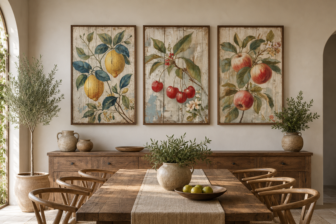 3-piece rustic fruit wall art set featuring lemon, cherry, and apple prints in a dining room.