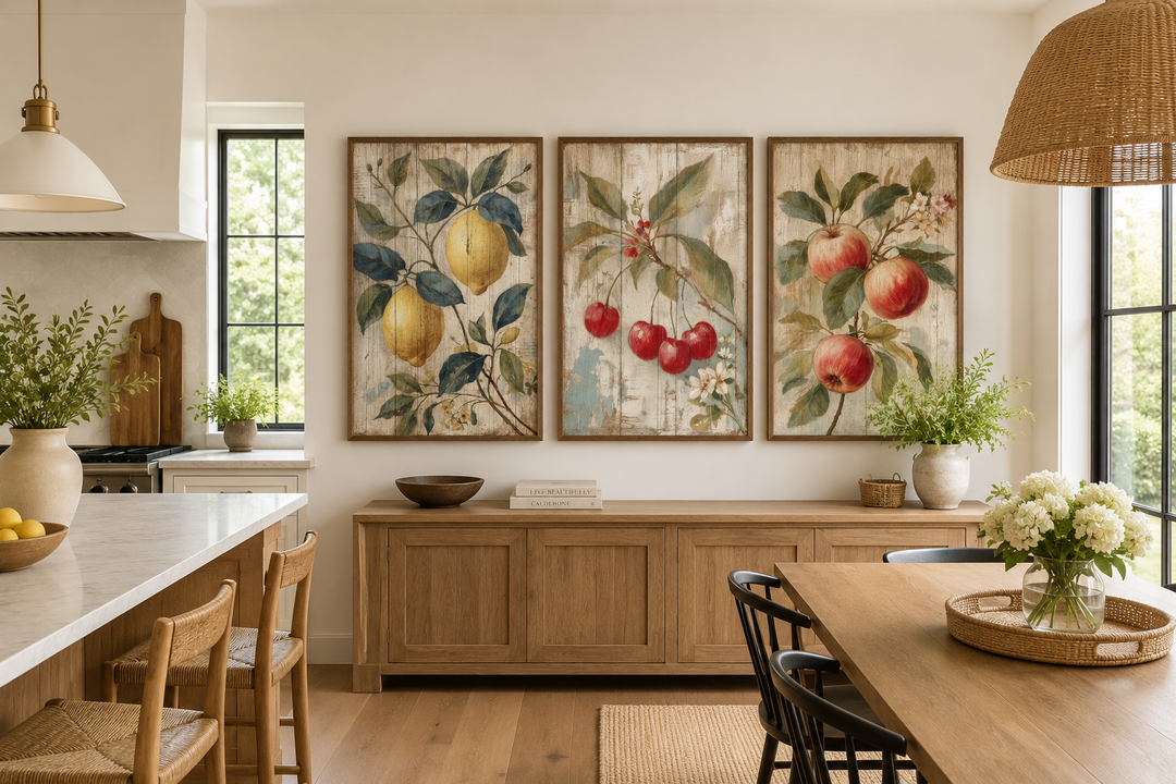 Three rustic framed wall art prints of lemons, cherries, and apples in a farmhouse dining room.