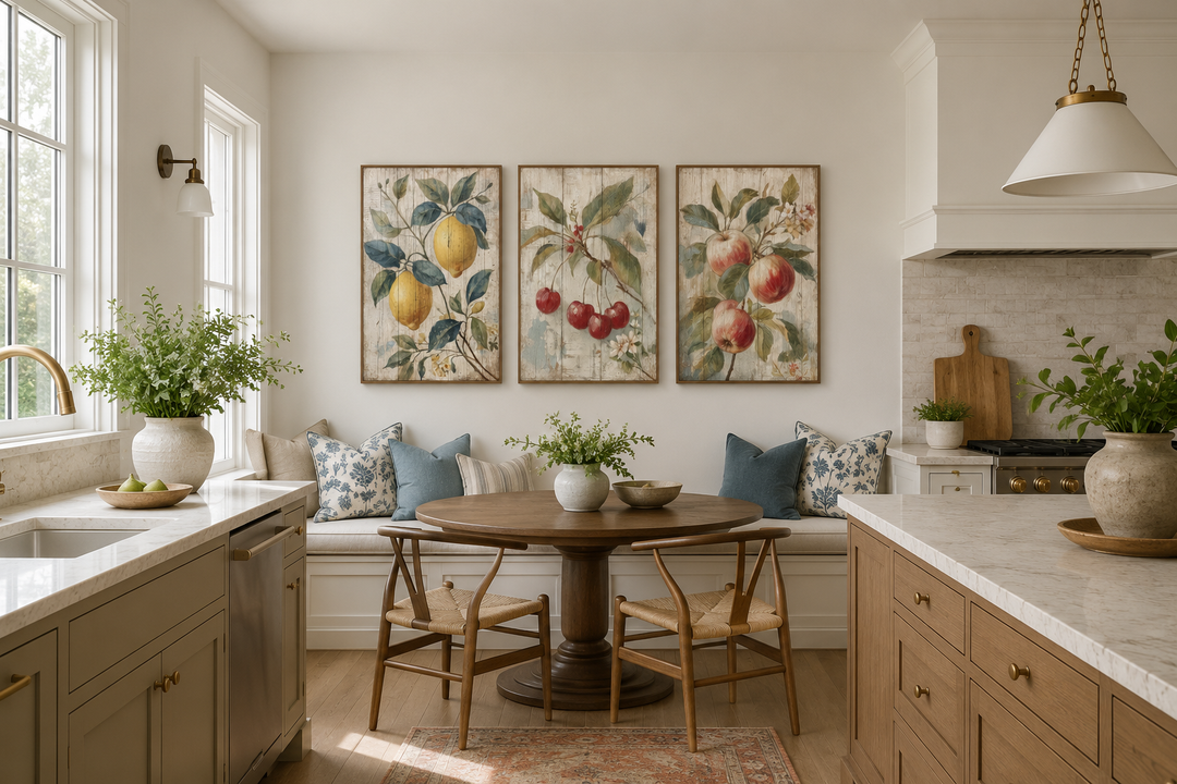 3 piece rustic fruit wall art set with lemon, cherry, and apple prints in a farmhouse kitchen.