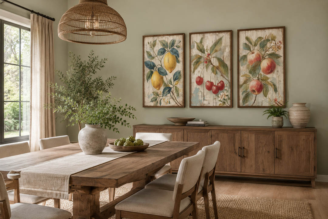 Three rustic framed wall art prints of lemons, cherries, and apples in a farmhouse dining room.
