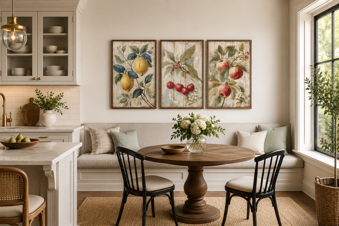 3 piece rustic fruit wall art set with lemon, cherry, and apple prints in a farmhouse dining area.