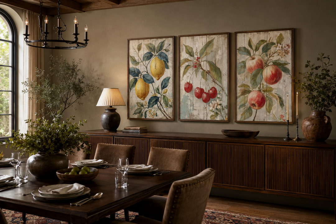 Three rustic framed wall art prints of lemons, cherries, and apples in a vintage botanical style.