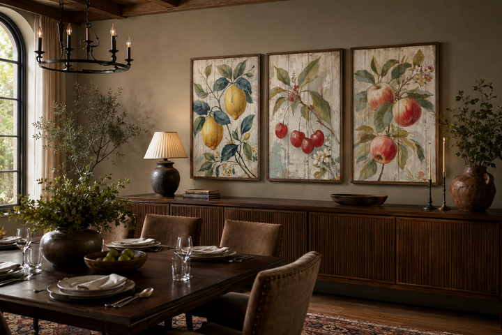 Three rustic framed wall art prints of lemons, cherries, and apples in a vintage botanical style.
