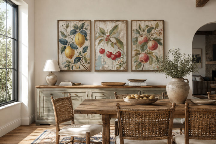 Three rustic framed wall art prints of lemons, cherries, and apples in a farmhouse dining room.