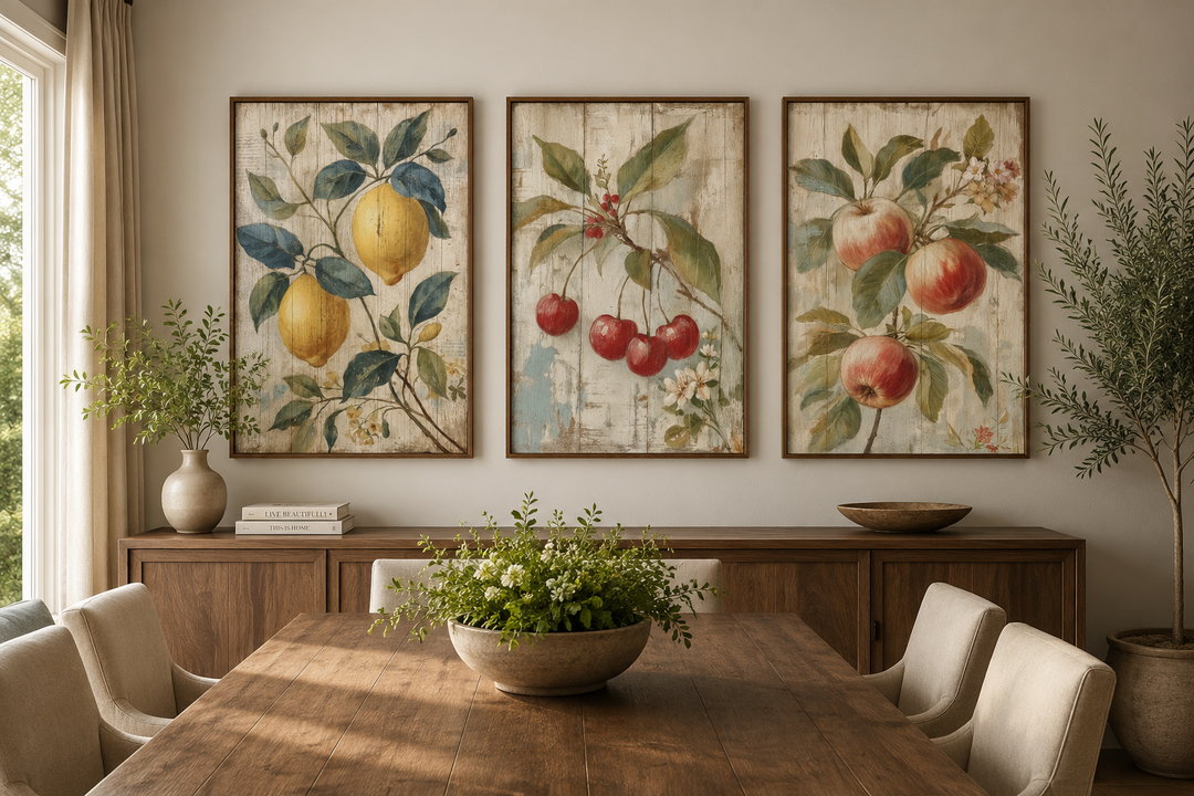 3 piece rustic fruit wall art set with lemon, cherry, and apple prints in a dining room setting.