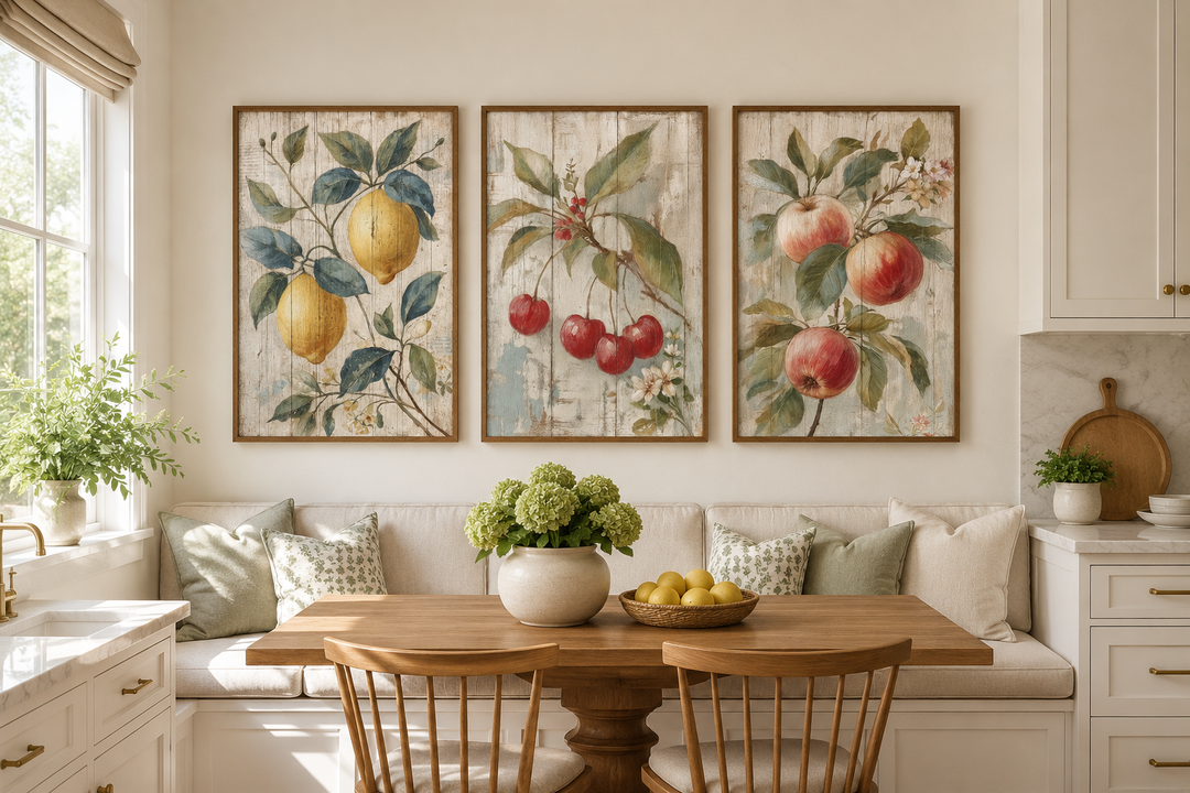 3-piece rustic fruit wall art set featuring lemons, cherries, and apples in a farmhouse kitchen.