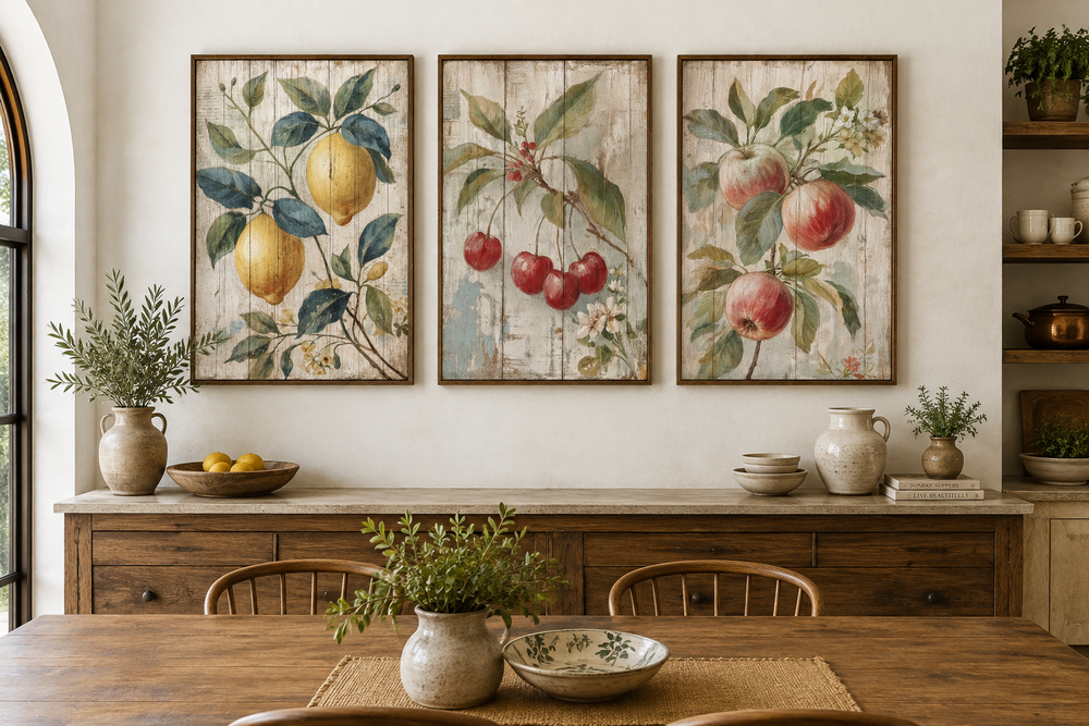 3 piece rustic fruit wall art set with lemon, cherry, and apple prints above a wooden sideboard.