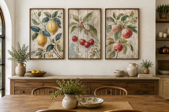 3 piece rustic fruit wall art set with lemon, cherry, and apple prints above a wooden sideboard.