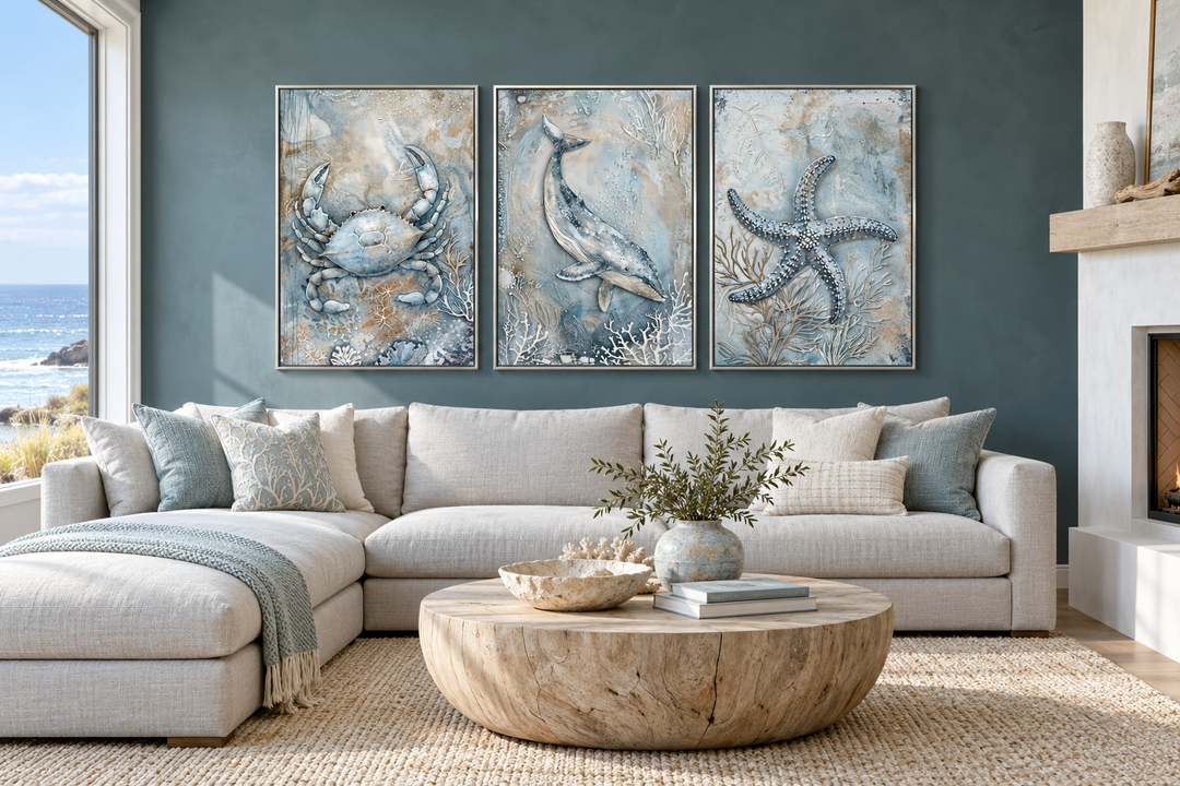 Triptych framed canvas wall art featuring a crab, whale, and starfish in a coastal living room.