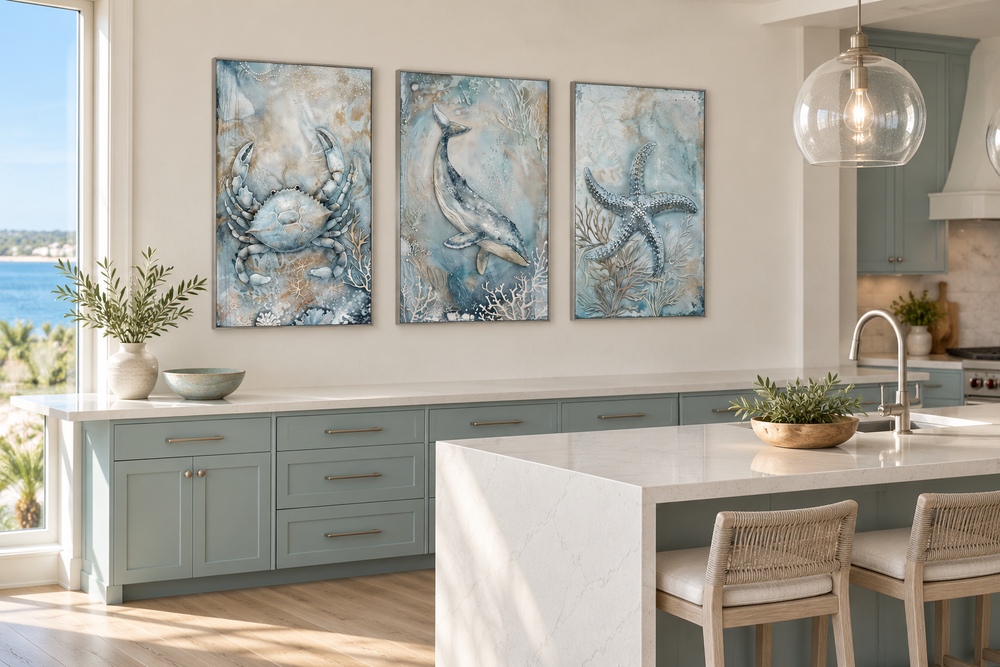 Triptych framed canvas wall art featuring a crab, whale, and starfish in soft blue and beige tones.