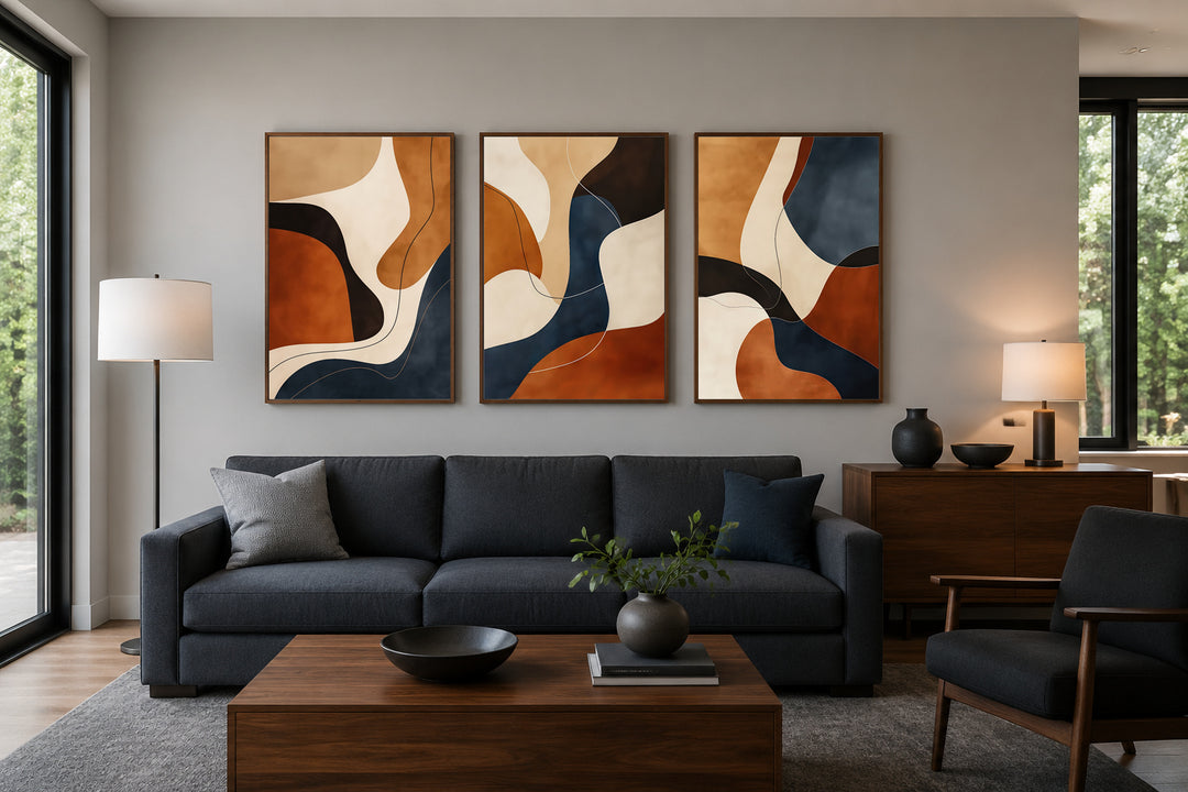 3 piece mid-century modern abstract wall art in earth tones, brown, cream, and navy, framed.