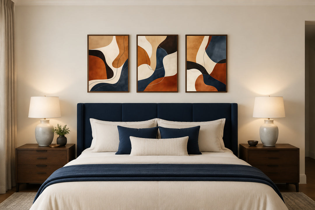 3 piece mid-century modern abstract wall art with earth tones, brown, cream, and navy blue frames.