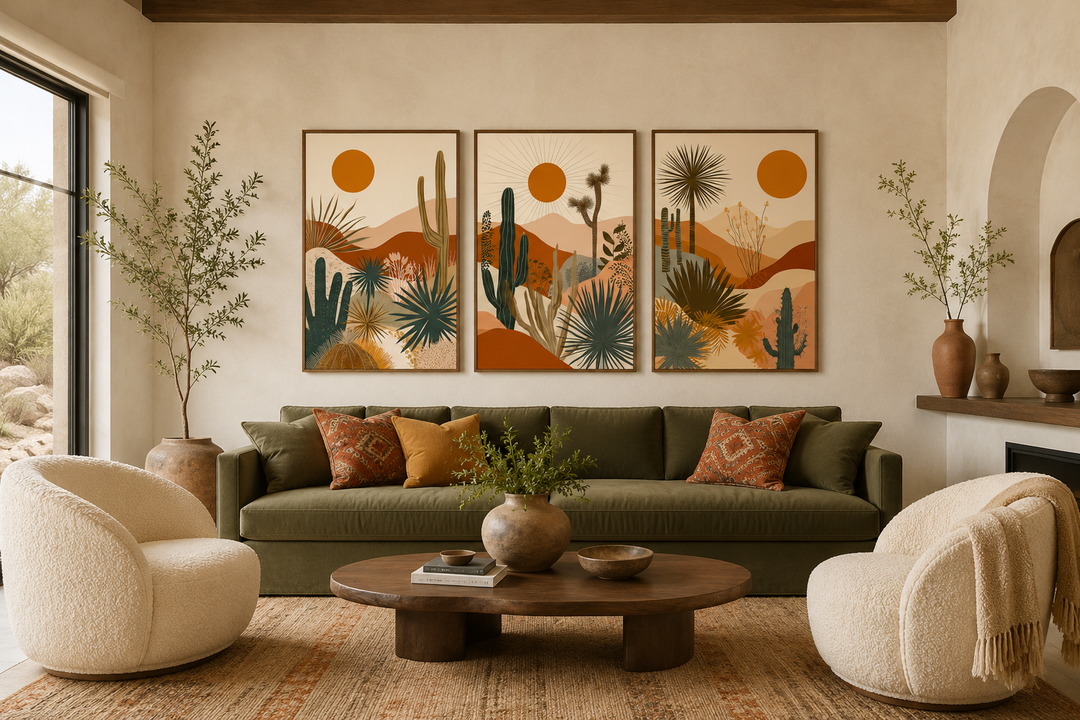 3-piece mid-century modern framed canvas art set featuring desert cacti, hills, and an orange sun.