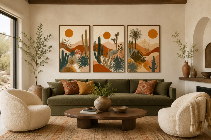 3-piece mid-century modern framed canvas art set featuring desert cacti, hills, and an orange sun.