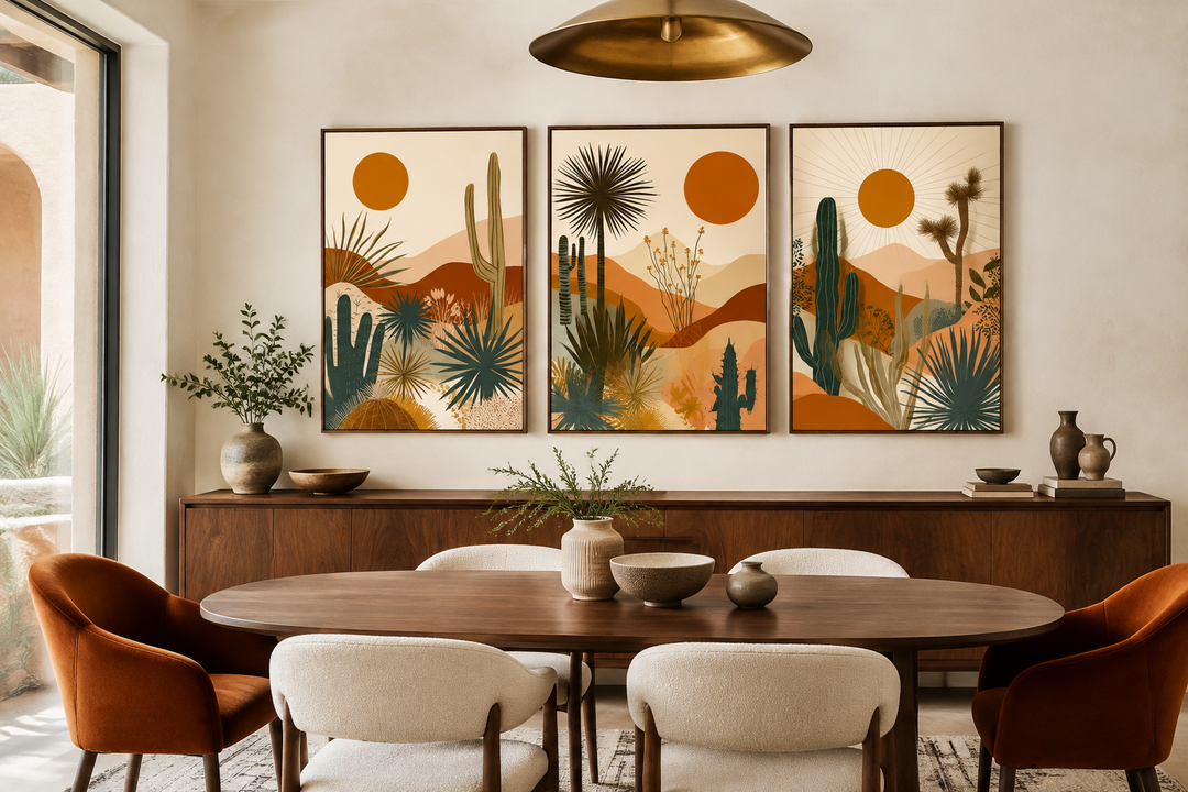 3-piece mid-century modern framed canvas set featuring desert cacti and sun in earthy tones.