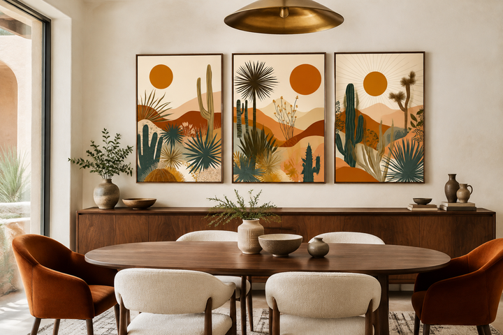 3-piece mid-century modern framed canvas set featuring desert cacti and sun in earthy tones.