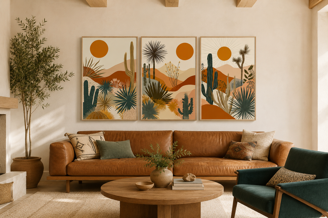 3-piece mid-century modern desert cactus and sun framed canvas wall art set over a leather sofa.