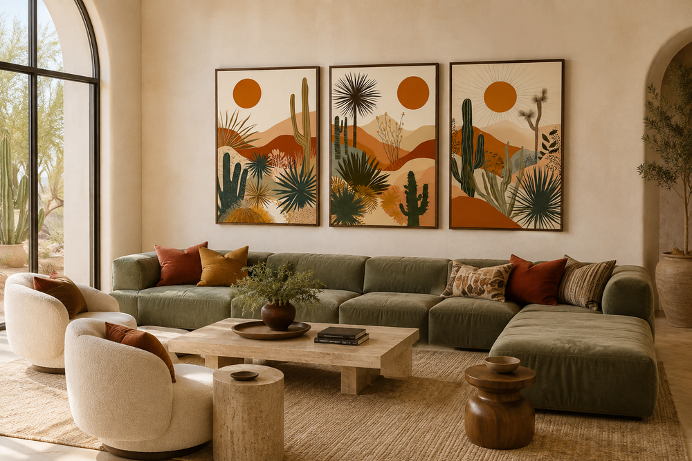 3 piece set of mid-century modern framed canvas art featuring desert cacti and a vibrant orange sun.