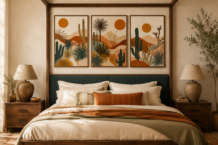 3 piece mid-century modern desert cactus and sun framed canvas wall art set above a bed.