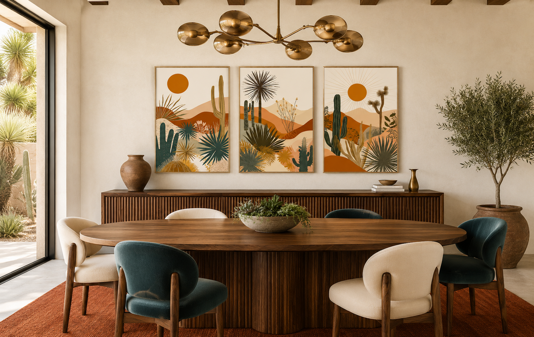 3-piece mid-century modern desert cactus and sun framed canvas wall art set in a dining room.
