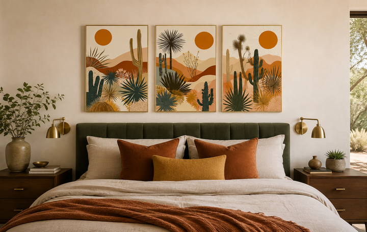 3-piece mid-century modern desert cactus and sun framed canvas wall art set above a bed.