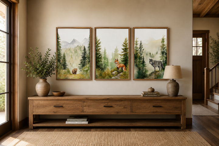 Three-piece watercolor wall art set featuring a bear, fox, and wolf in a misty forest landscape.