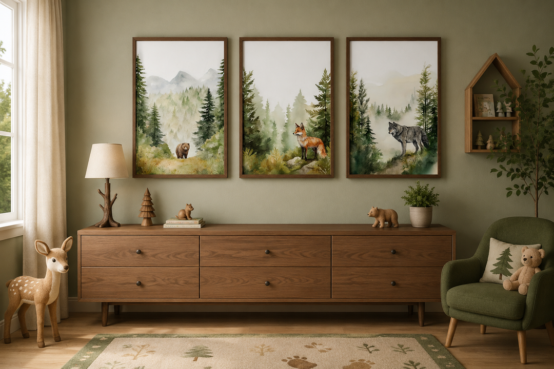 Three framed watercolor prints of a bear, fox, and wolf in a forest, hung above a wooden dresser.