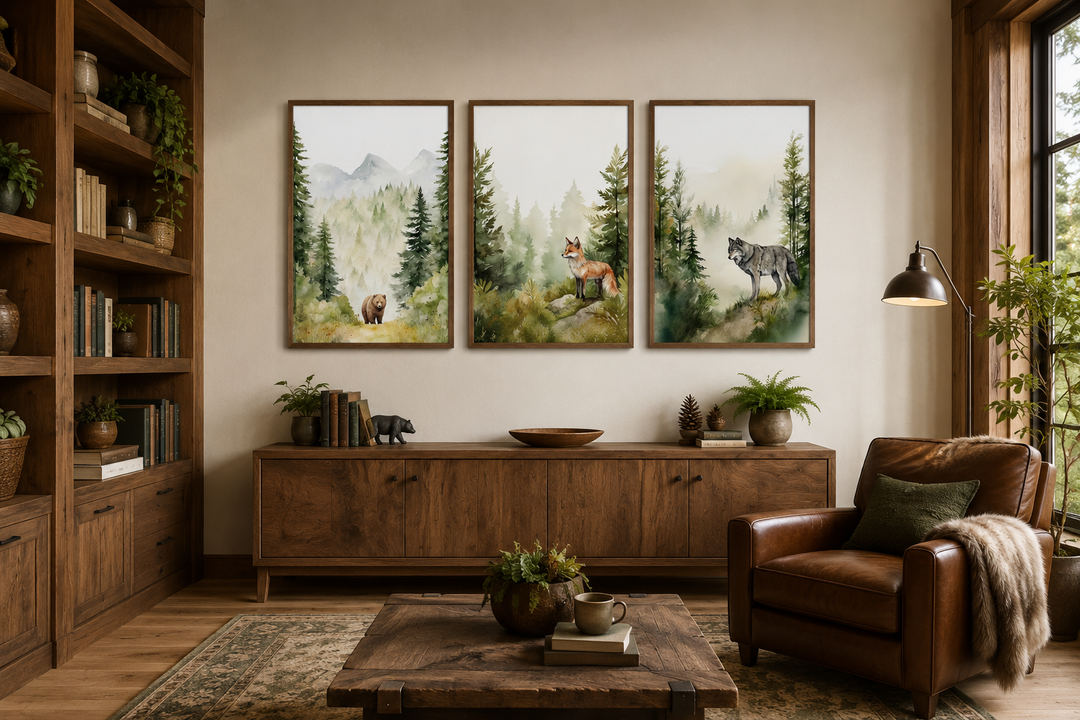 Three-piece watercolor wall art set featuring a bear, fox, and wolf in a misty woodland forest.