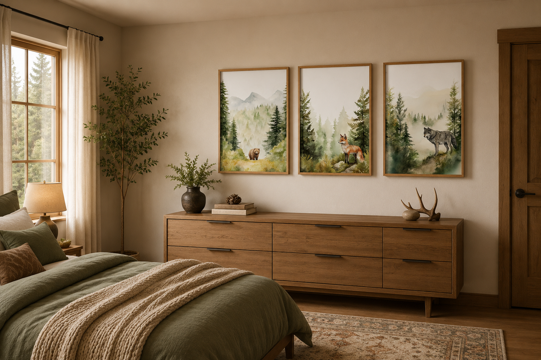 Three-piece woodland wall art set featuring a bear, fox, and wolf in a forest watercolor style.