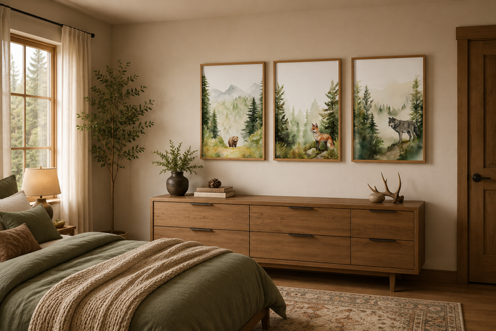 Three-piece watercolor wall art set featuring a bear, fox, and wolf in a misty woodland forest.