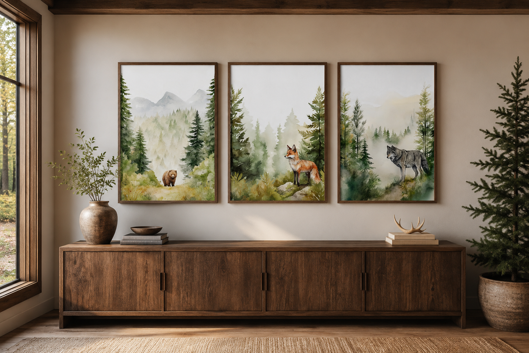 Three-piece watercolor wall art set featuring a bear, fox, and wolf in a misty pine forest.
