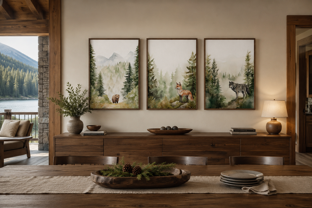 Three-piece watercolor wall art set featuring a bear, fox, and wolf in a misty pine forest.
