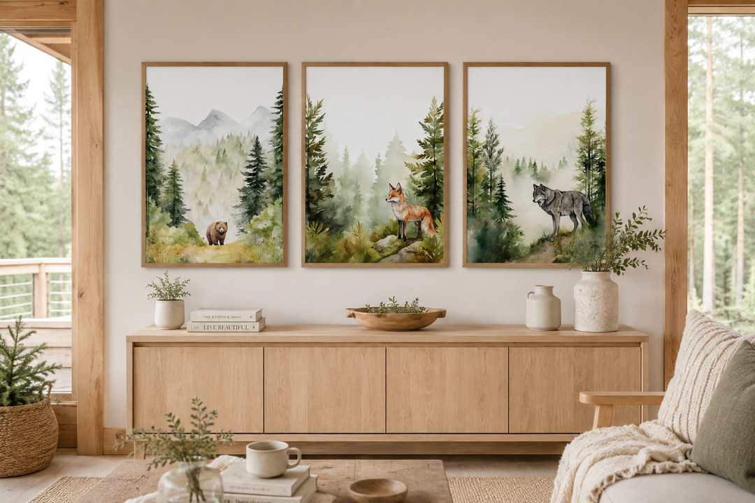 Three-piece watercolor wall art set featuring a bear, fox, and wolf in a misty pine forest.