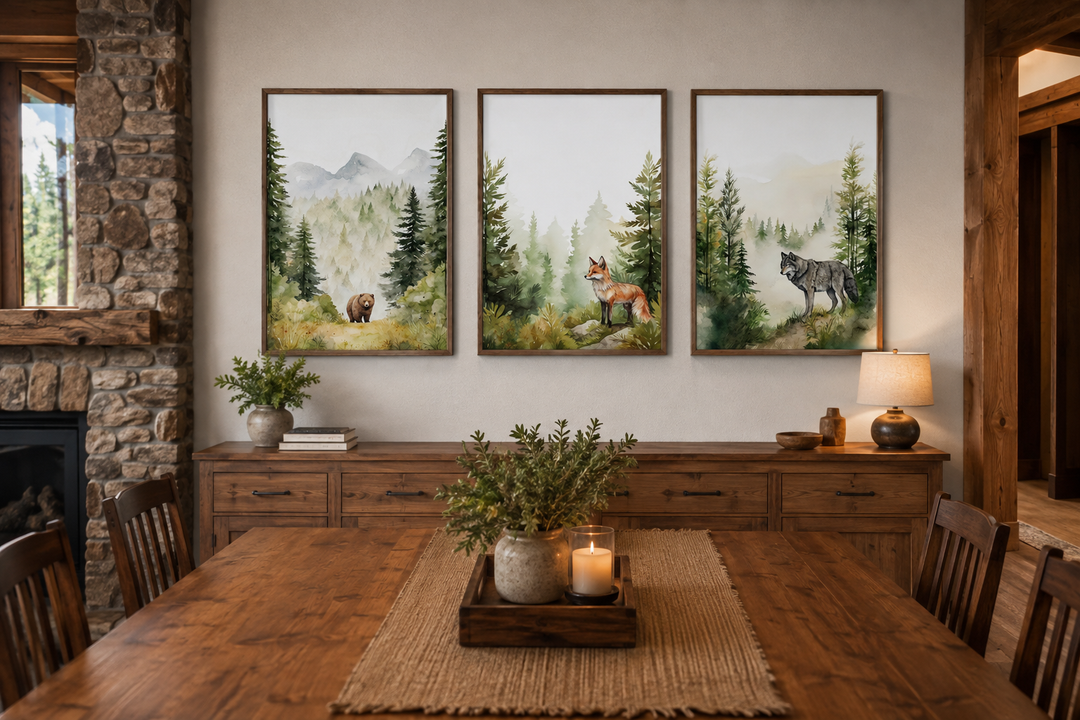 Three-piece woodland wall art set featuring a bear, fox, and wolf in a watercolor forest style.