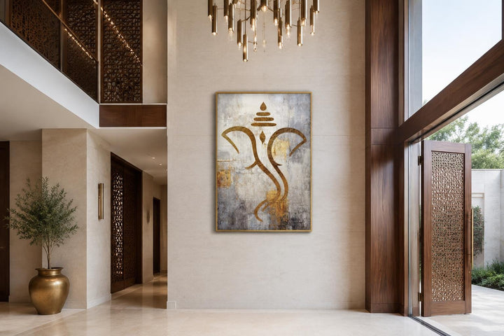 Minimalist gold Lord Ganesha canvas wall art on a textured white and silver background.
