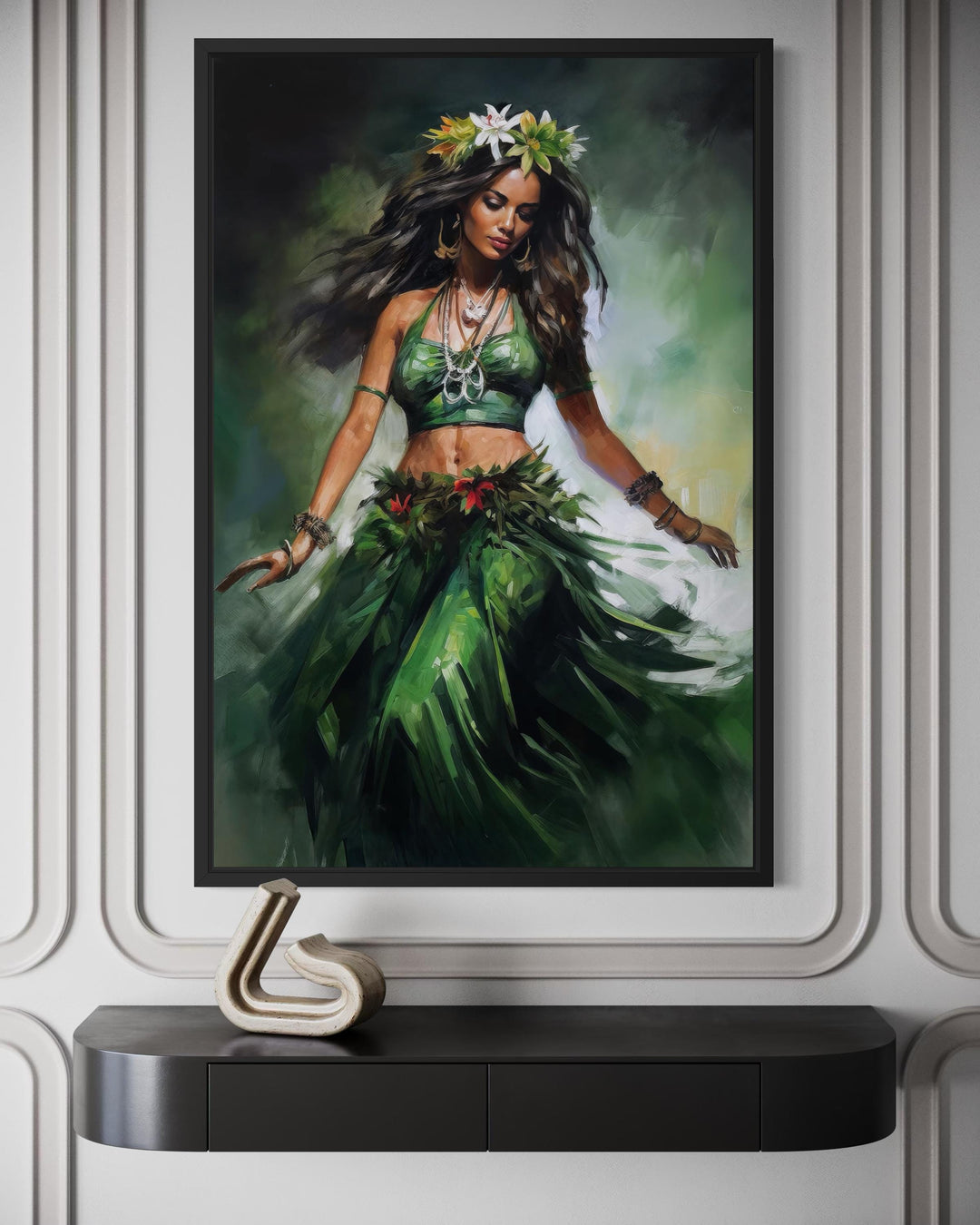 Framed canvas wall art of a Hawaiian hula dancer in a flowing green dress with floral headpiece.