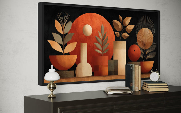Boho Terracotta Wall Art - Abstract Canvas Print with Vases and Leaves for Neutral Decor