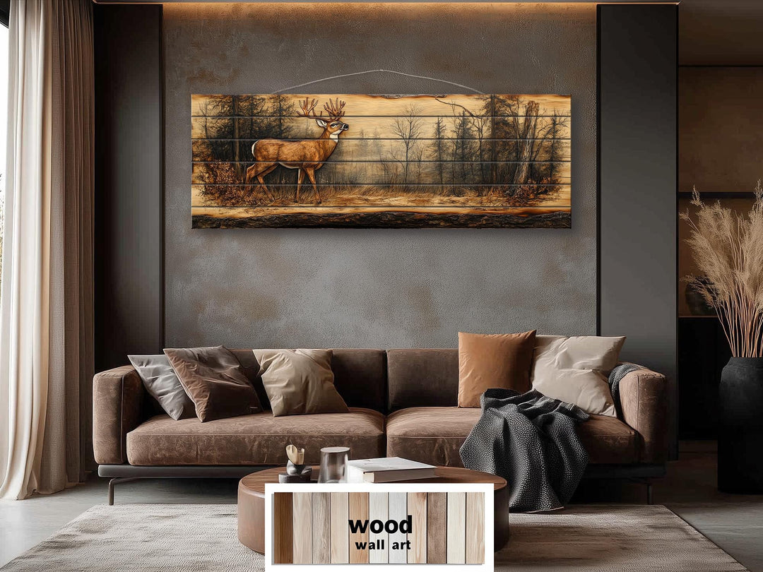 Deer In Forest Long Horizontal Distressed Wood Wall Art