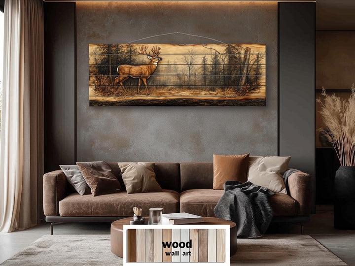 Deer In Forest Long Horizontal Distressed Wood Wall Art