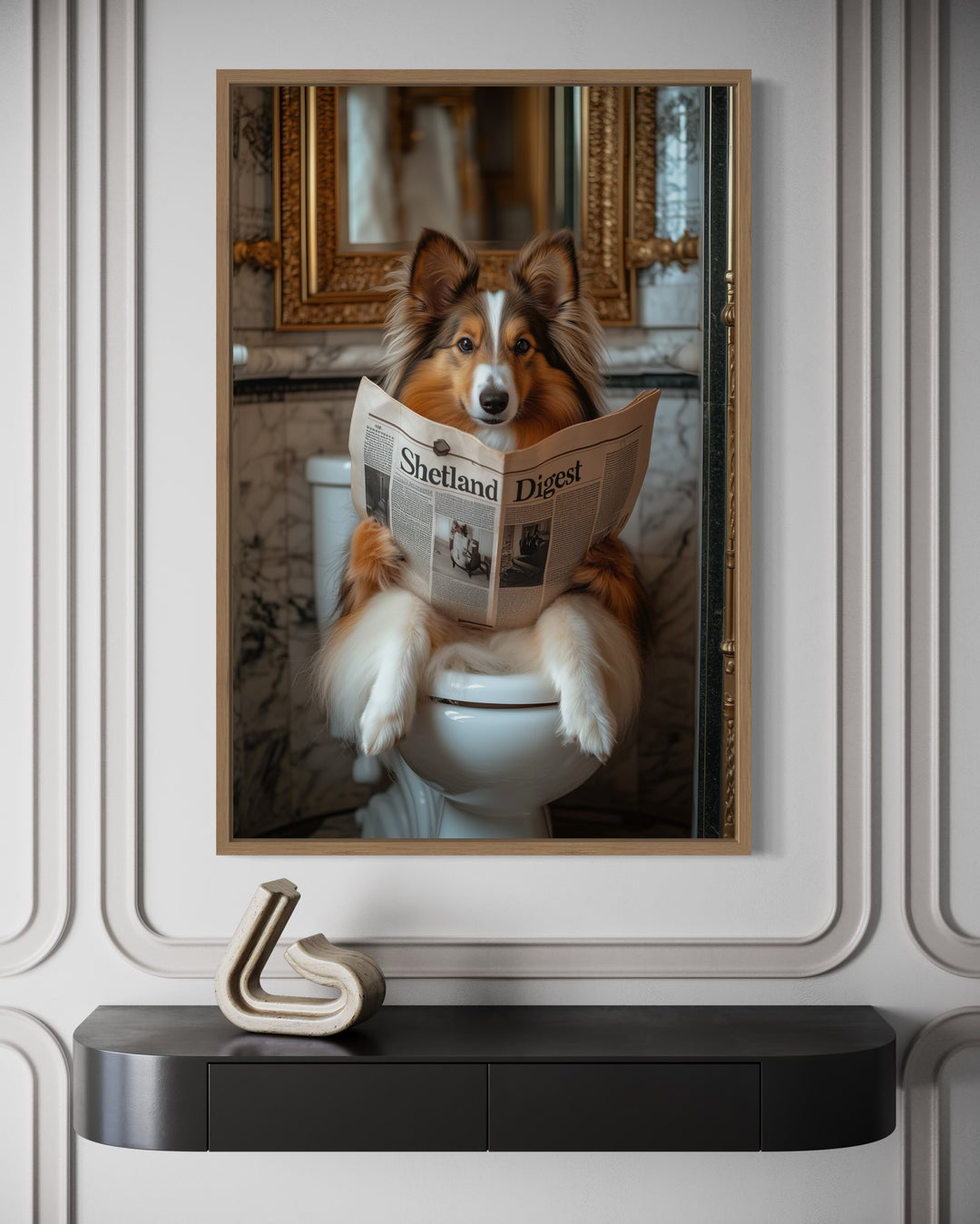 Shetland Sheepdog On The Toilet Reading Newspaper Picture in a bathroom close up picture